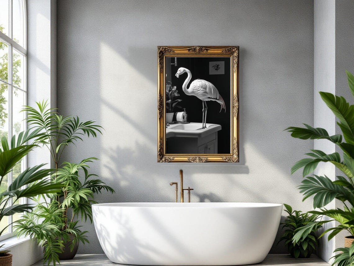 Minimalist Flamingo Standing in a Bathroom Sink Black White Poster - Image 3