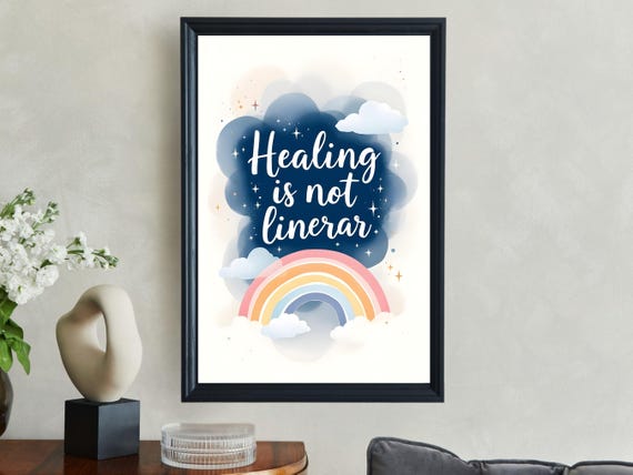 Healing Is Not Linear Inspirational Quote Art Print Rainbow And Clouds Wall Art Motivational Poster