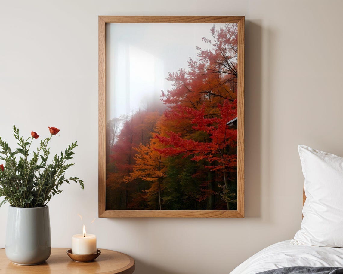 Misty Autumn Forest With Vibrant Red And Orange Fall Trees Poster