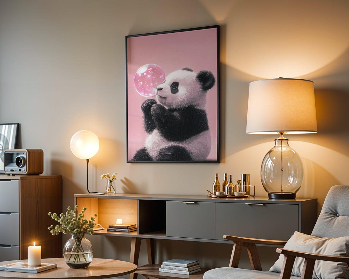 Baby Panda Blowing Big Pink Bubble Adorable Nursery Wall Poster - Image 3