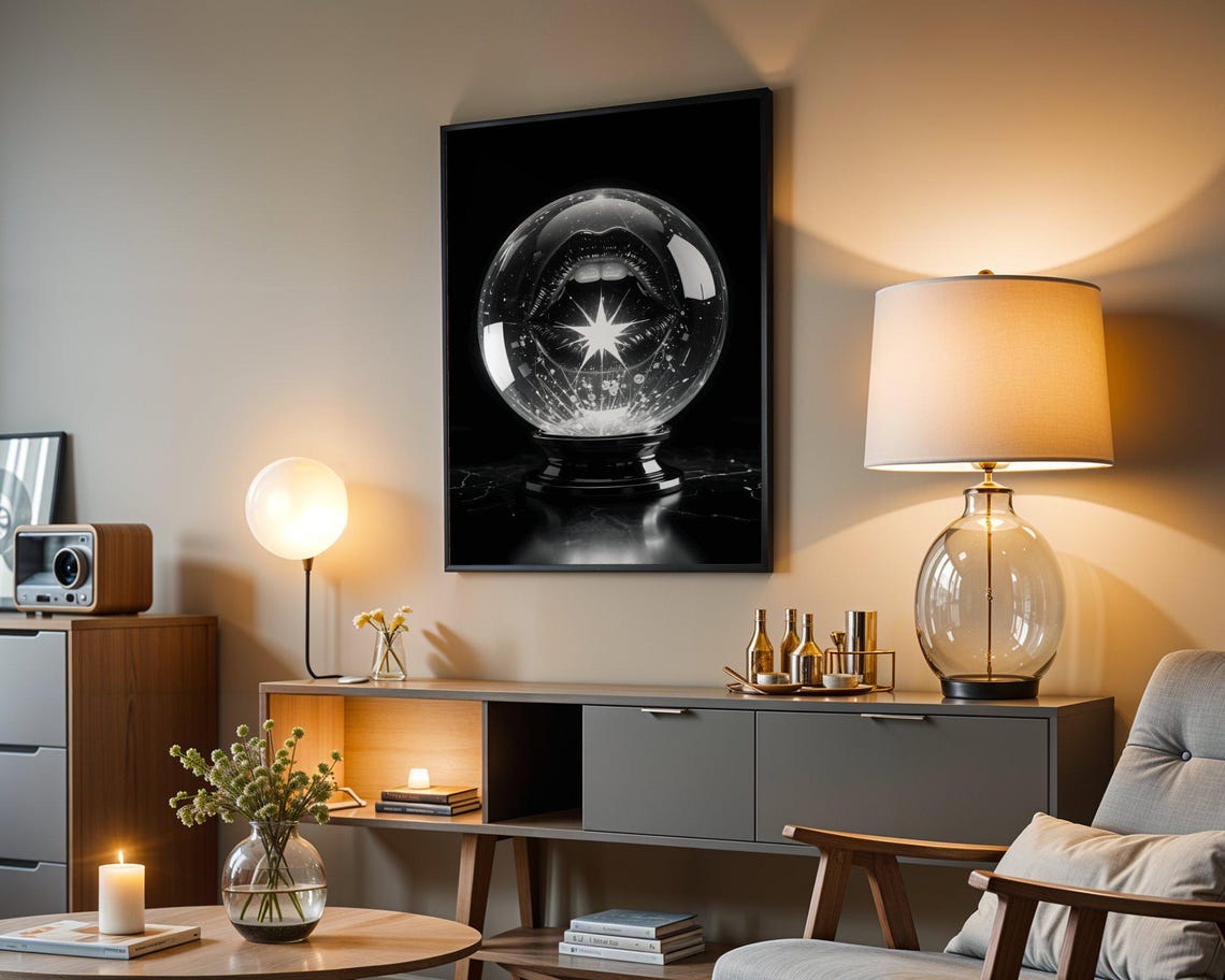 Crystal Ball With Sparkling Lips Black White Mystical Poster - Image 3