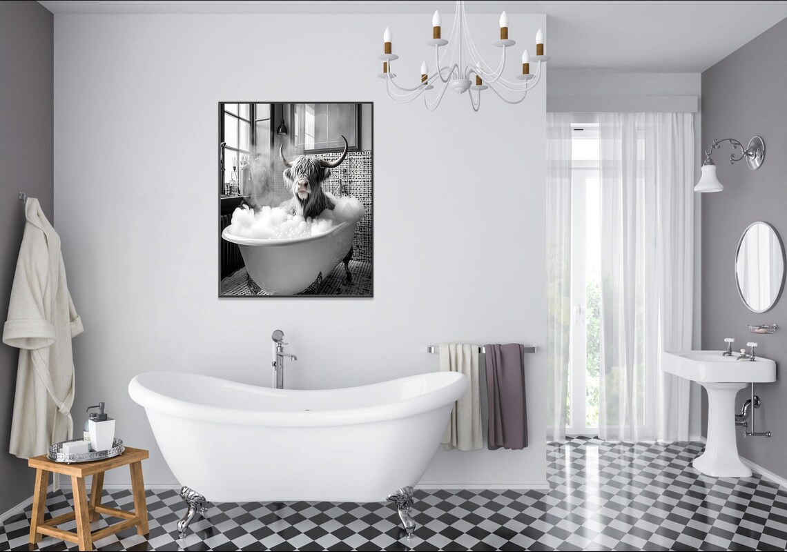 Highland Cow In Bubble Bath Black And White Cow Photo Poster - Image 2