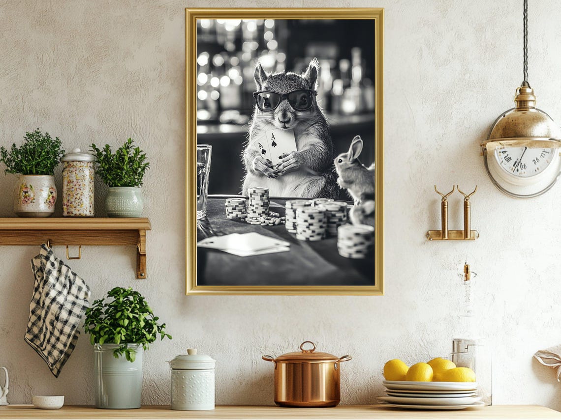 Cool Squirrel Playing Poker Sunglasses Funny Game Room Poster