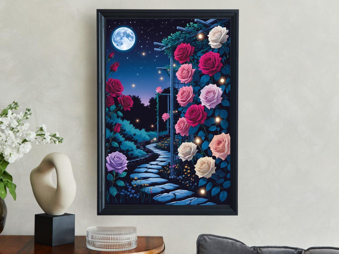 Moonlit Rose Garden Path Trellis Night Floral Scene Art Print
