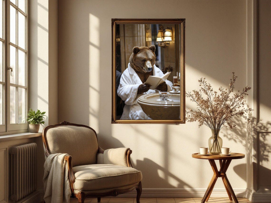 Brown Bear in a Bathrobe Reading a Book Beside the Sink Poster - Image 4