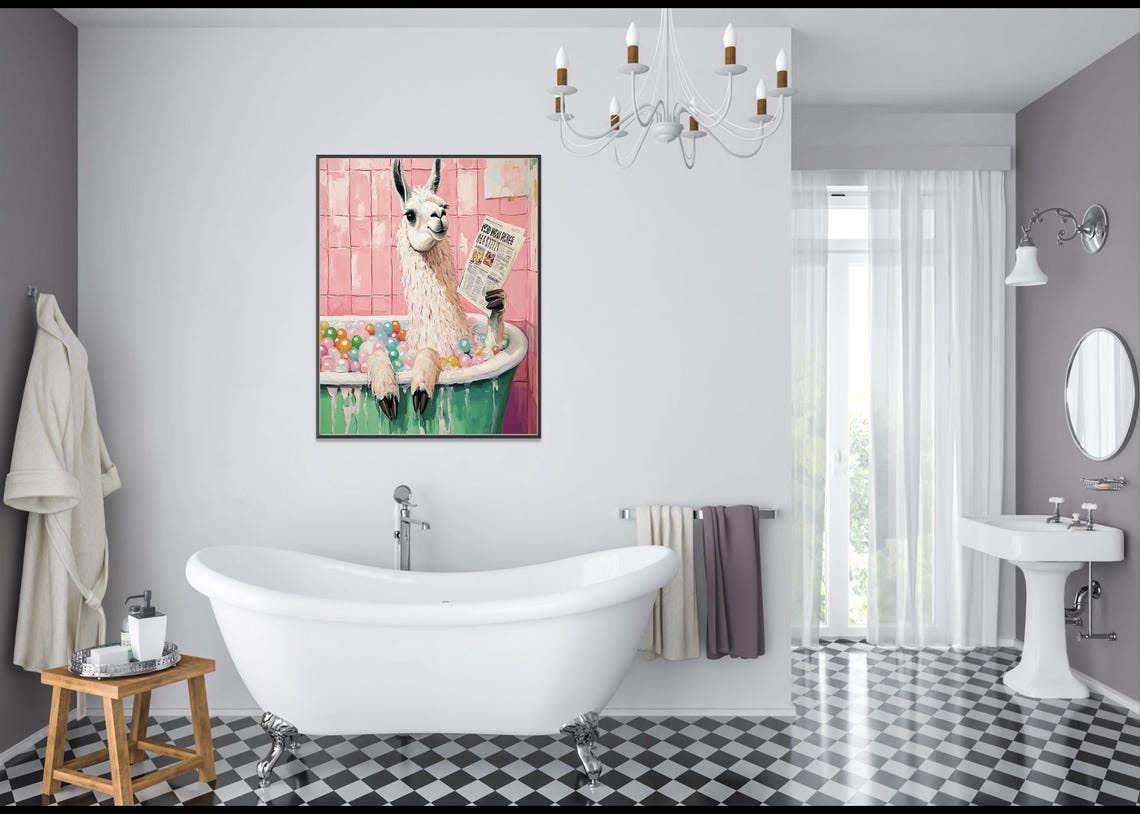 White Llama Sitting In Ball Pit Bathtub Reading Newspaper Poster - Image 3