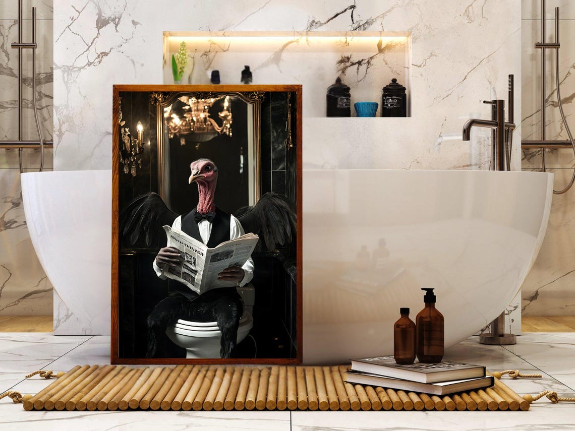 Turkey In Tuxedo Reading Newspaper Funny Bathroom Animal Poster - Image 5