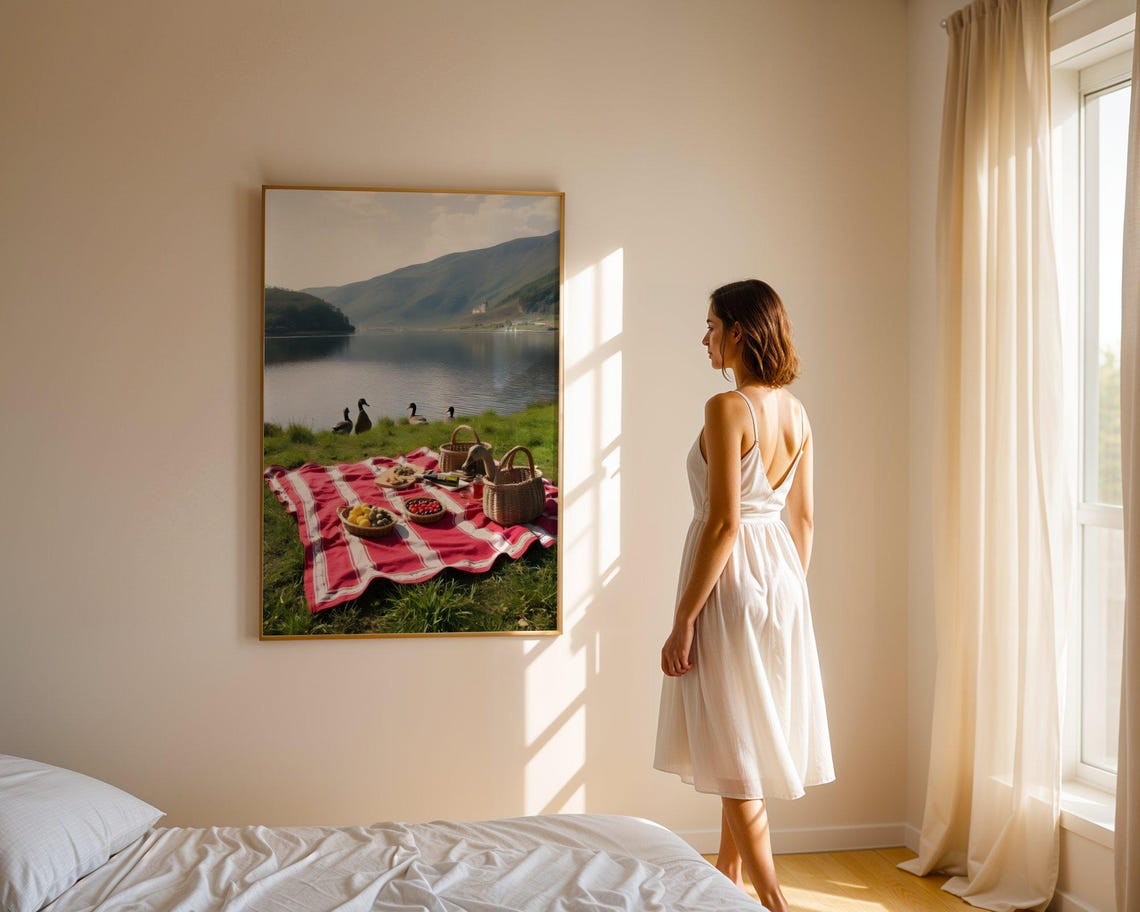 Lakeside Picnic Blanket With Baskets and Curious Ducks Poster - Image 2