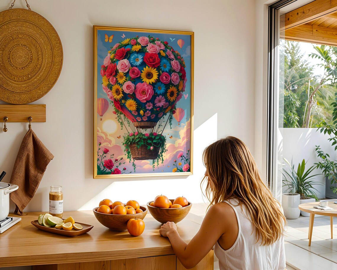 Hot Air Balloon Covered In Colorful Flowers Drifting At Sunrise Poster - Image 2