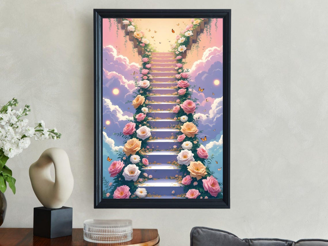Rose Stairway Ascending To Dreamy Heavenly Sky Floral Poster