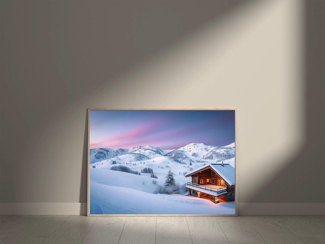 Cozy Wooden Chalet in Snowy Mountains Under a Pink Dusk Sky Poster - Image 5