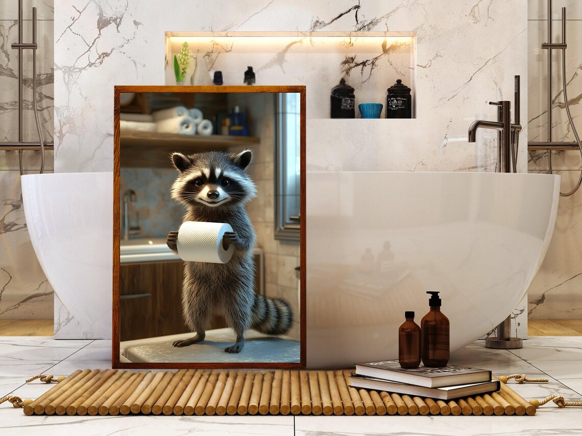 Cute Raccoon Holding Toilet Paper Roll Funny Bathroom Animal Poster - Image 5
