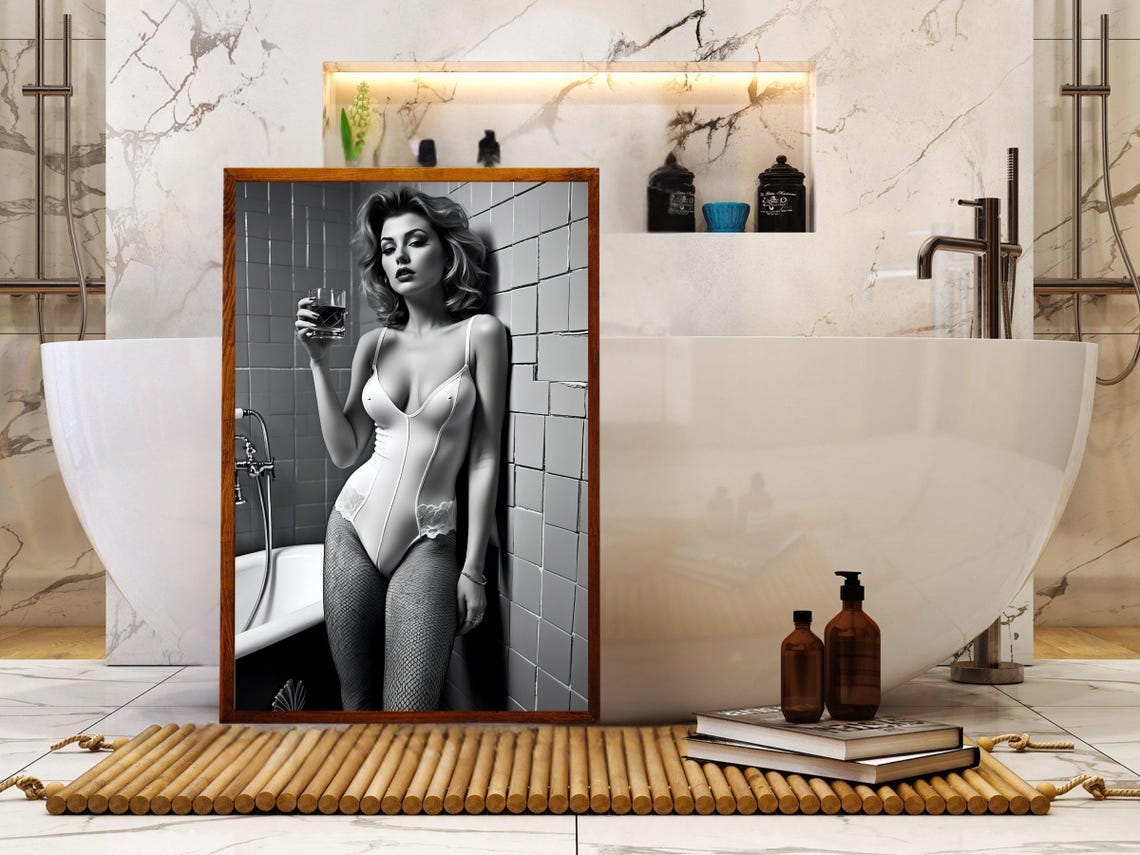 Confident Woman In Bodysuit And Fishnets Holding A Drink Poster - Image 5