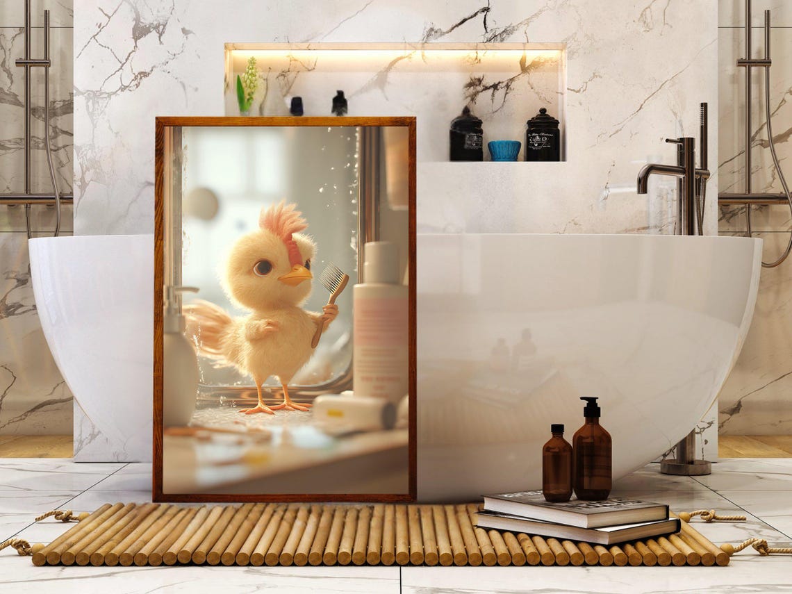 Fluffy Baby Chick Holding Toothbrush at the Bathroom Sink Poster - Image 5