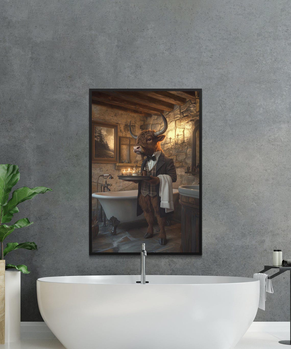 Highland Cow Butler Holding a Tray in a Rustic Bathroom Poster - Image 2