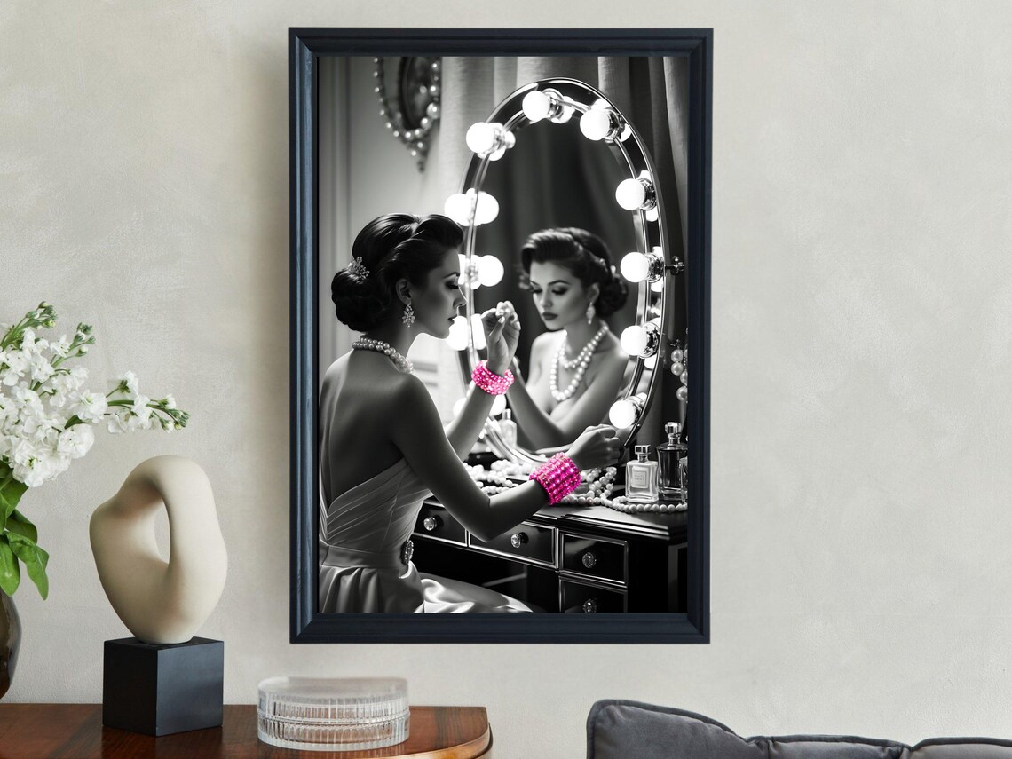 Woman Applying Lipstick at a Hollywood Vanity Mirror With Pink Accents Poster - Image 4