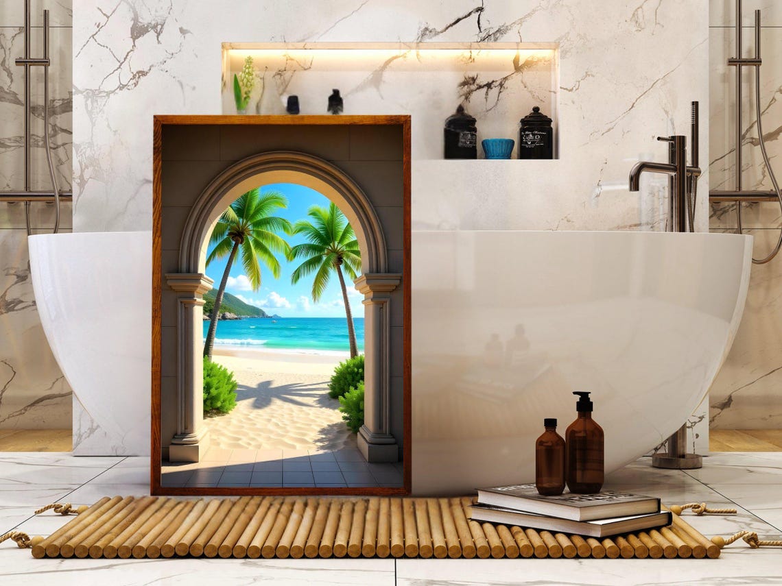 Tropical Palm Beach View Through Stone Archway Terrace Poster - Image 2