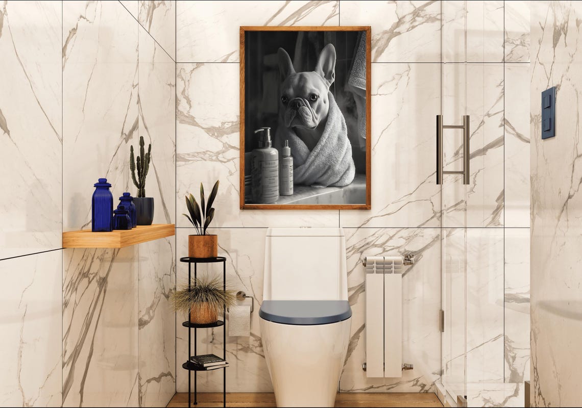 French Bulldog Wrapped In A Towel After A Bath Black White Poster - Image 4