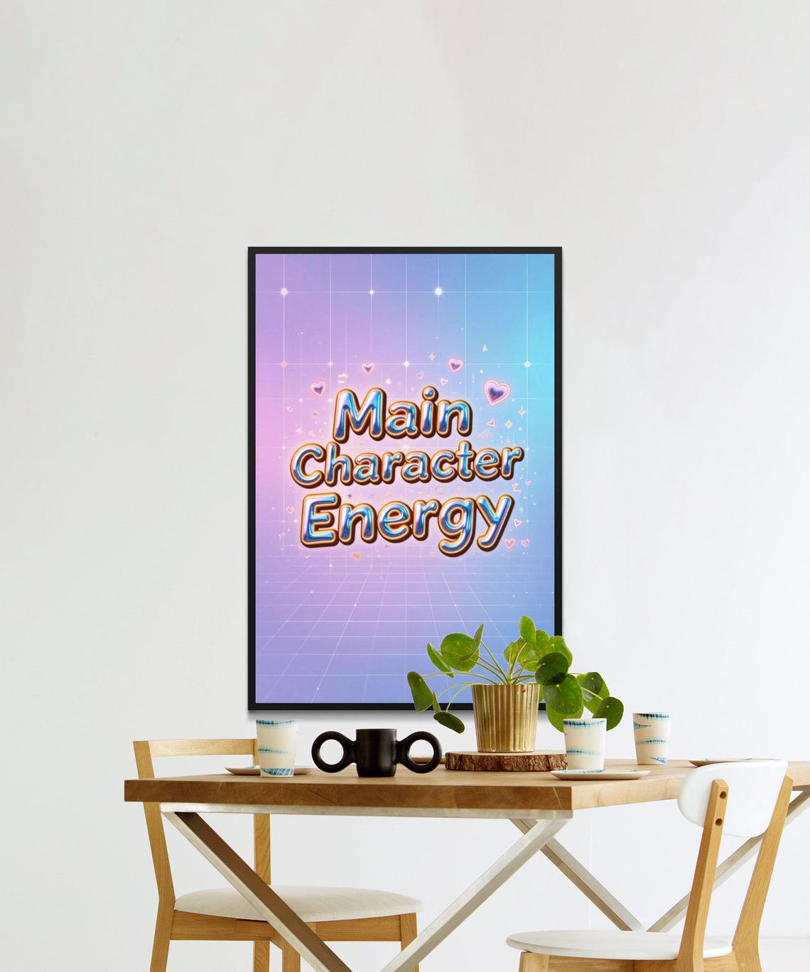 Main Character Energy Pink Retro Grid Hearts Typography Quote Poster - Image 2