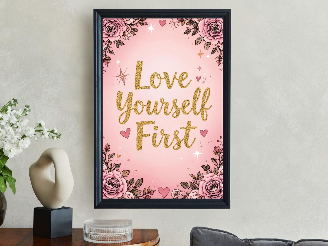 Love Yourself First Pink Gold Floral Glitter Inspirational Self Love Quote Poster