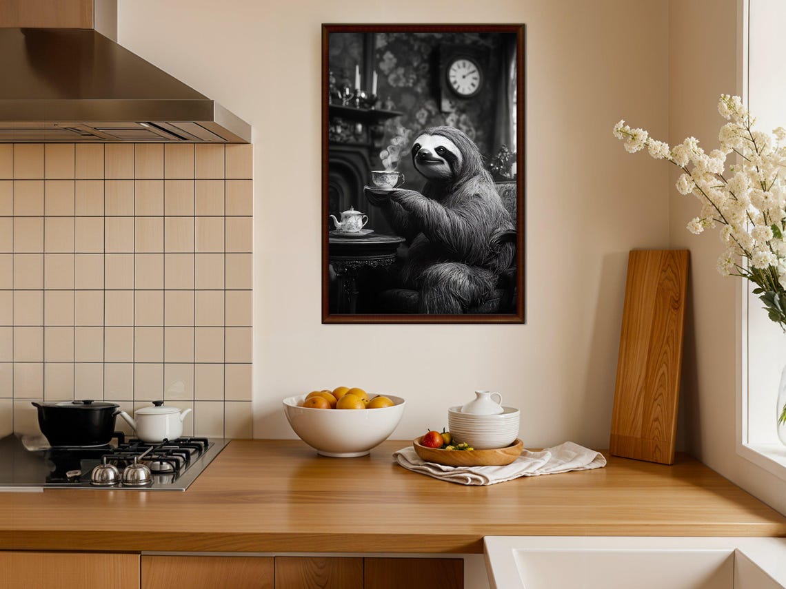 Sloth Enjoying Teatime Cute Black and White Animal Art Poster - Image 4