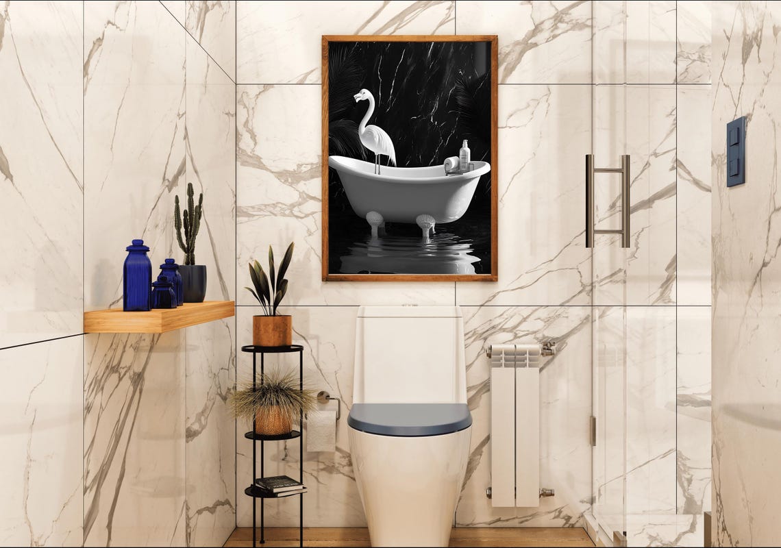 Elegant Flamingo Standing in a Bathtub Against Black Marble Poster - Image 4