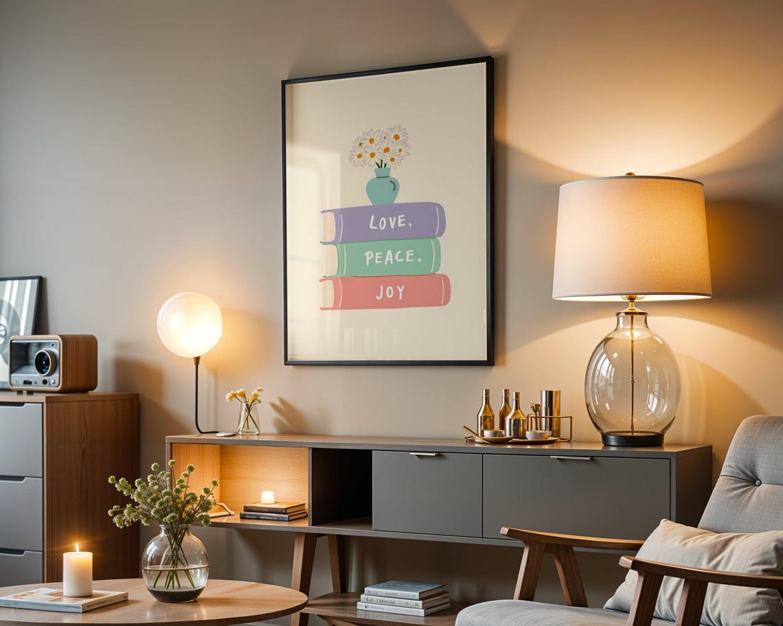 Love Peace Joy Book Stack with Daisy Vase Pastel Floral Wall Art - Image 3