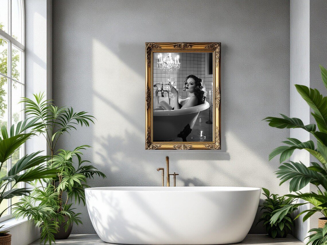 Glamorous Vintage Wall Art Elegant Black And White Bathroom Decor Retro Woman In Bathtub Print Candlelit Ambiance Classic Luxury - Image 2