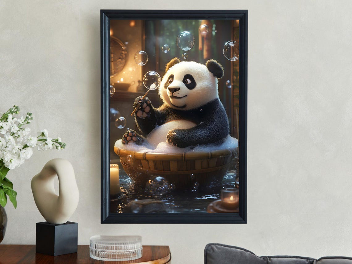 Cute Panda Blowing Bubbles in a Wooden Soaking Bathtub Poster - Image 2