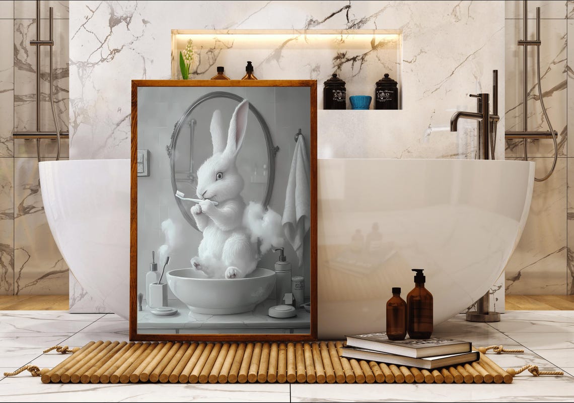 White Bunny Brushing Teeth In Bathroom Sink Animal Art Poster - Image 5