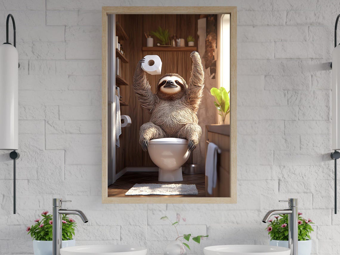 Cheerful Sloth Triumphantly Holding Toilet Paper on Toilet Poster