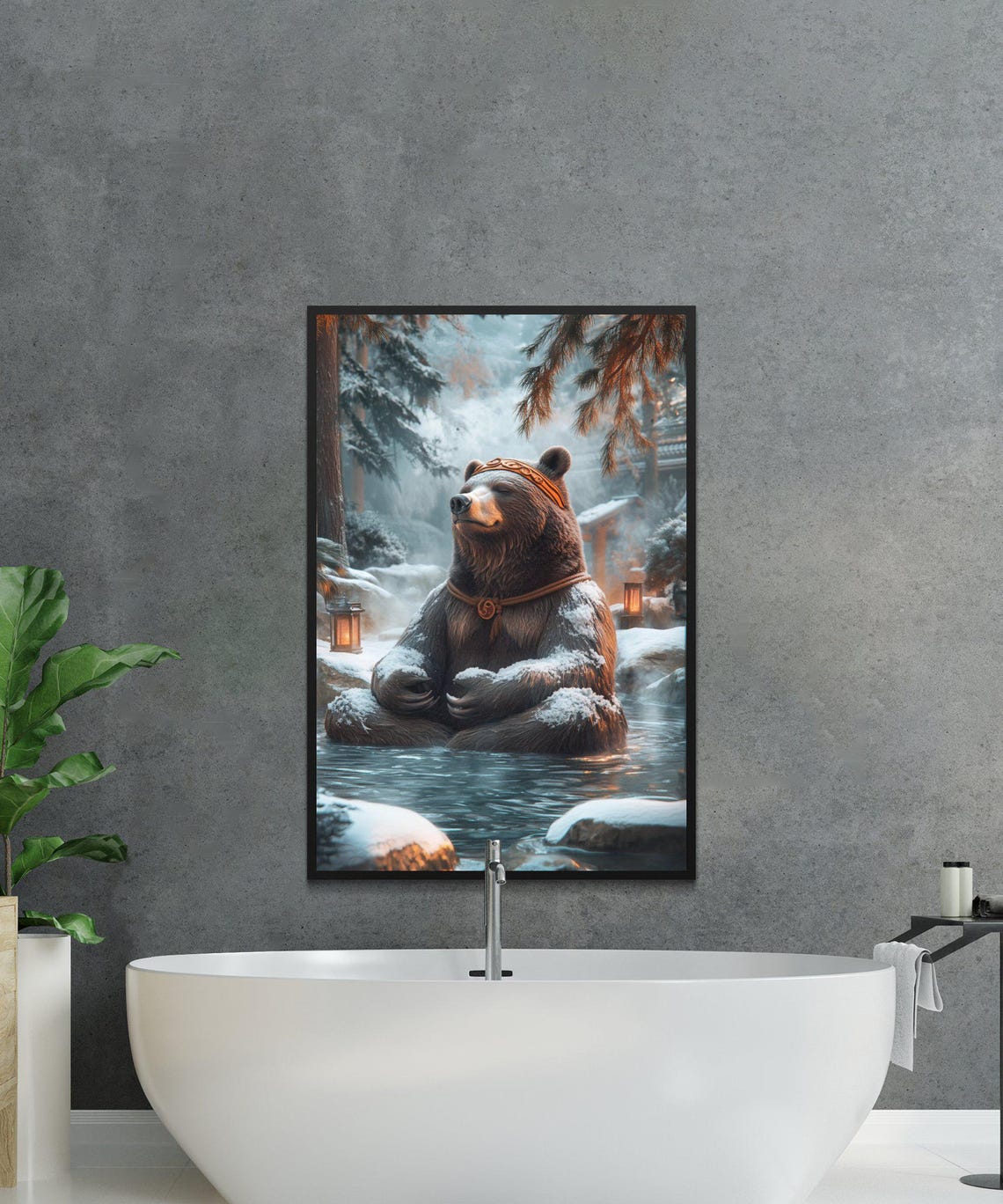 Meditating Zen Bear in Snowy Forest Hot Spring Winter Art Print - Image 2