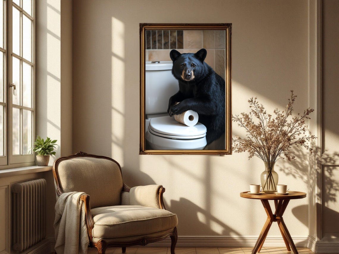 Black Bear Leaning on a Toilet With a Roll of Toilet Paper Poster - Image 4