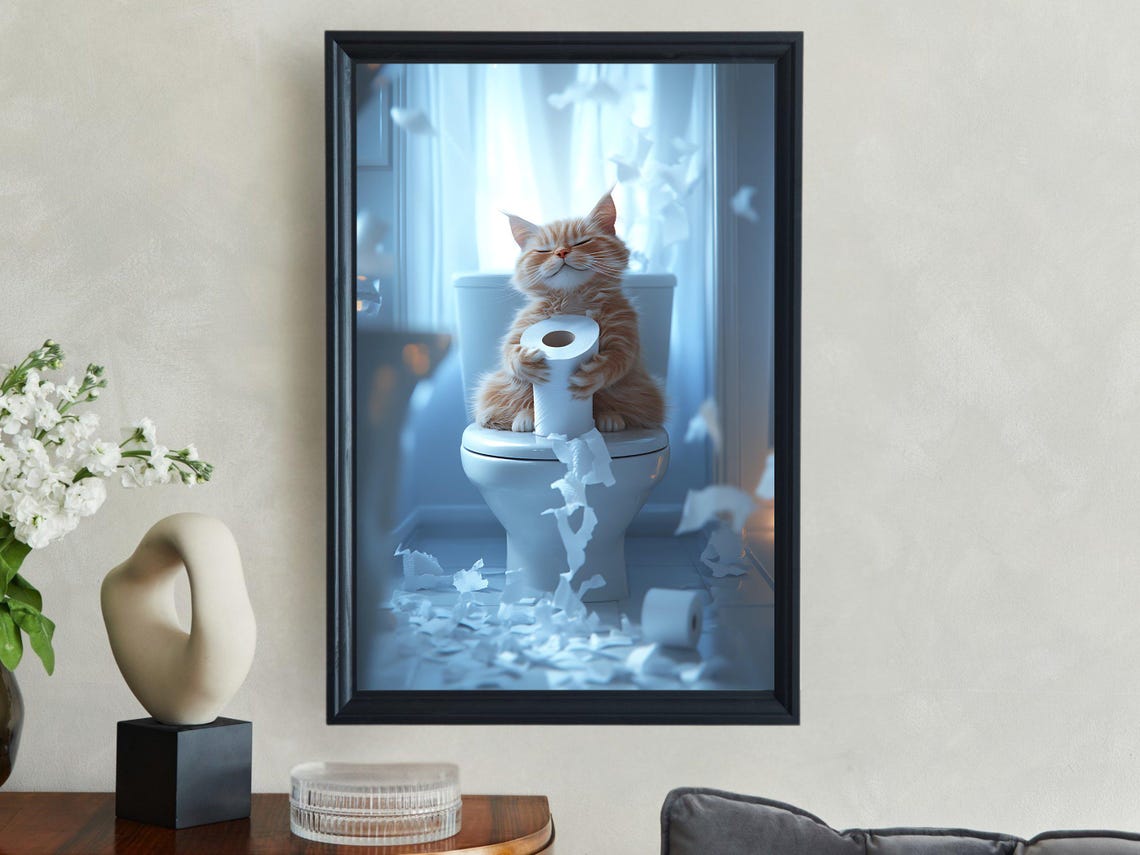 Playful Ginger Cat Shredding a Toilet Paper Roll Bathroom Poster - Image 2