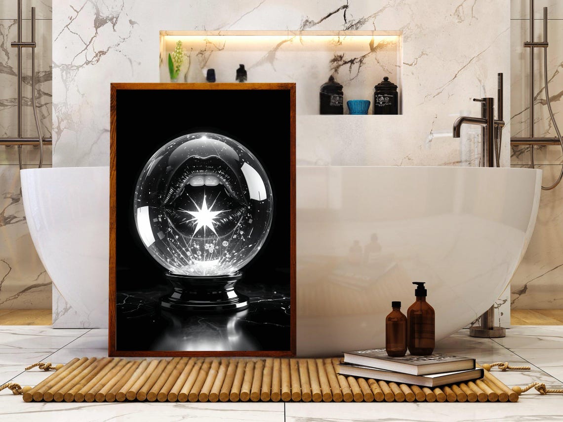 Crystal Ball With Sparkling Lips Black White Mystical Poster - Image 4