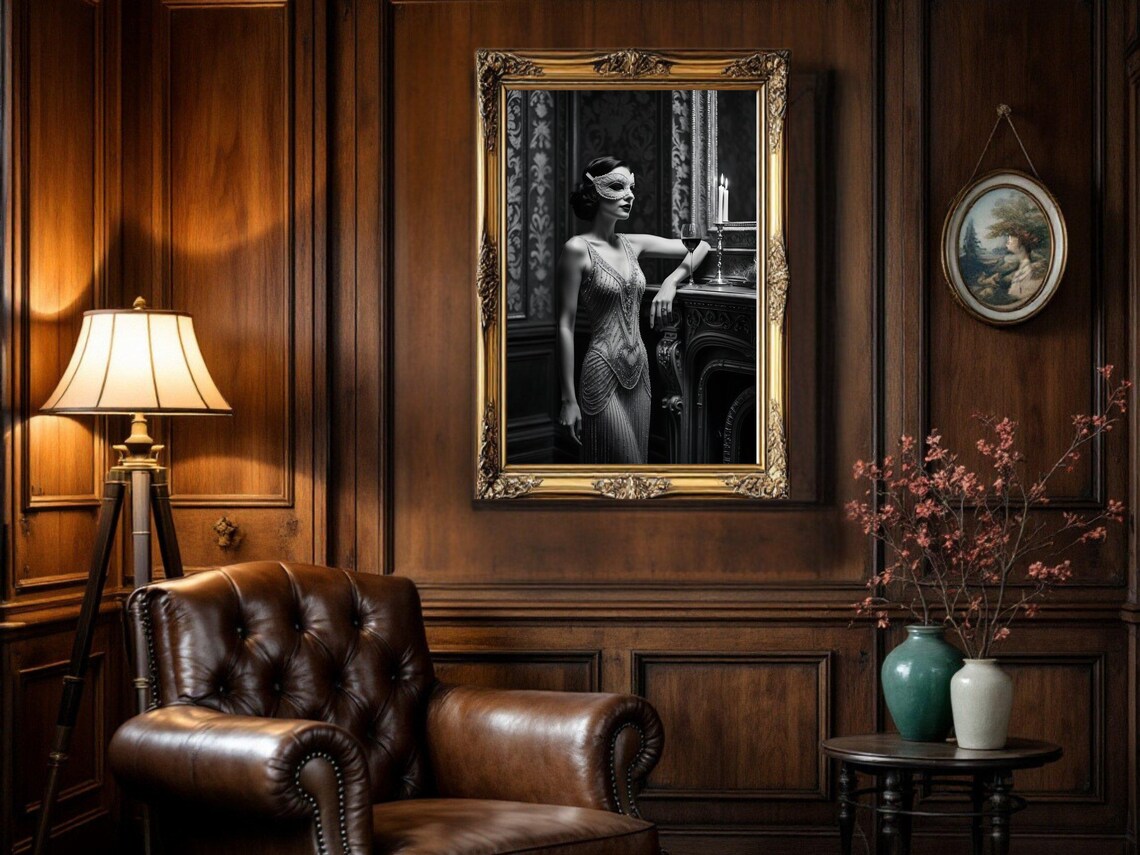 Masked Woman In Beaded Flapper Dress Beside A Fireplace Poster - Image 5