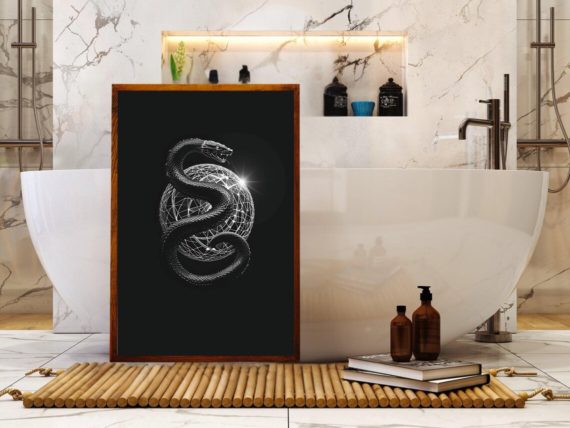 Snake Coiled Around a Wireframe Globe on Black Minimalist Reptile Poster - Image 4
