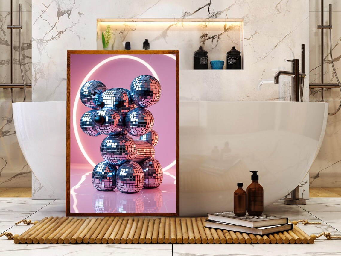 Teddy Bear Built From Mirror Balls in a Pink Neon Glow Party Scene Poster - Image 2