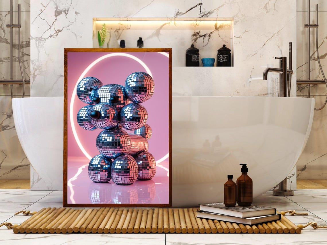 Unique Disco Ball Bear Wall Art Pink And Blue Modern Geometric Art Print Contemporary Home Decor Abstract Animal Artwork - Image 2