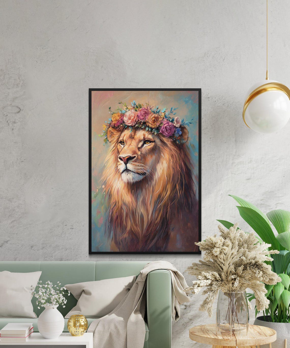 Majestic Lion Wearing a Flower Crown Painted Portrait Animal Poster - Image 2