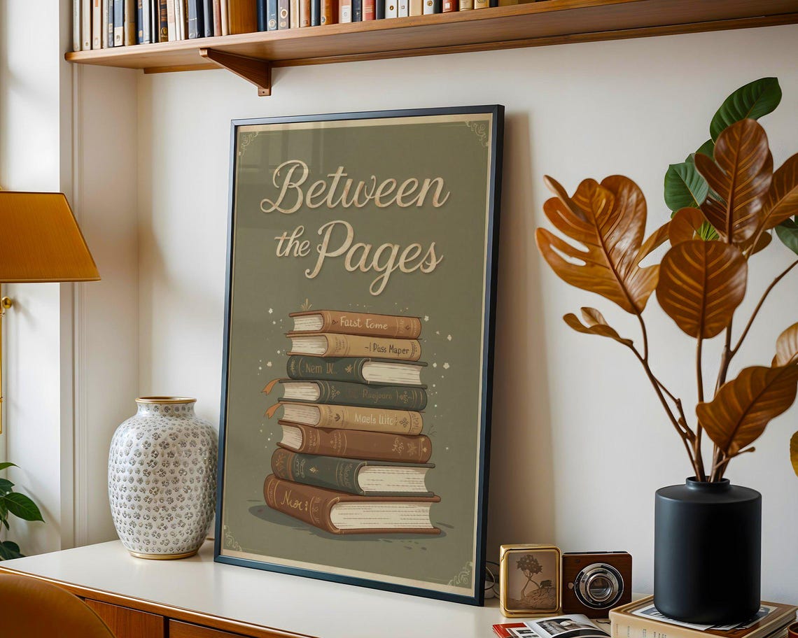 Between The Pages Tall Stack Of Vintage Books Literary Poster - Image 3