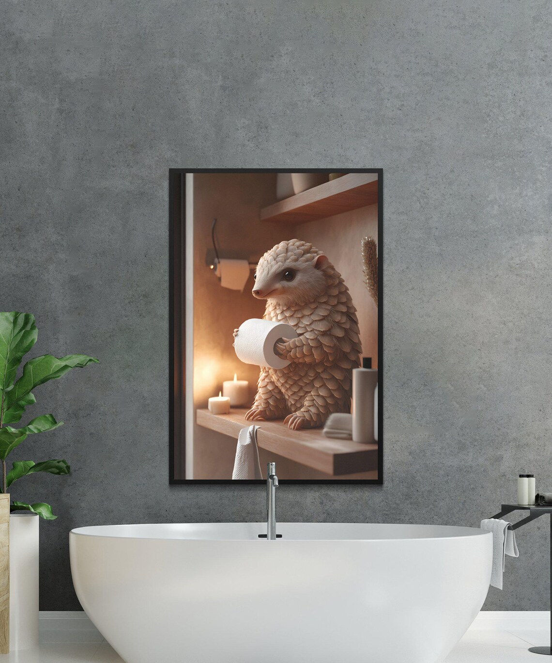 Pangolin Holding a Toilet Paper Roll on a Candlelit Bathroom Shelf Poster - Image 2
