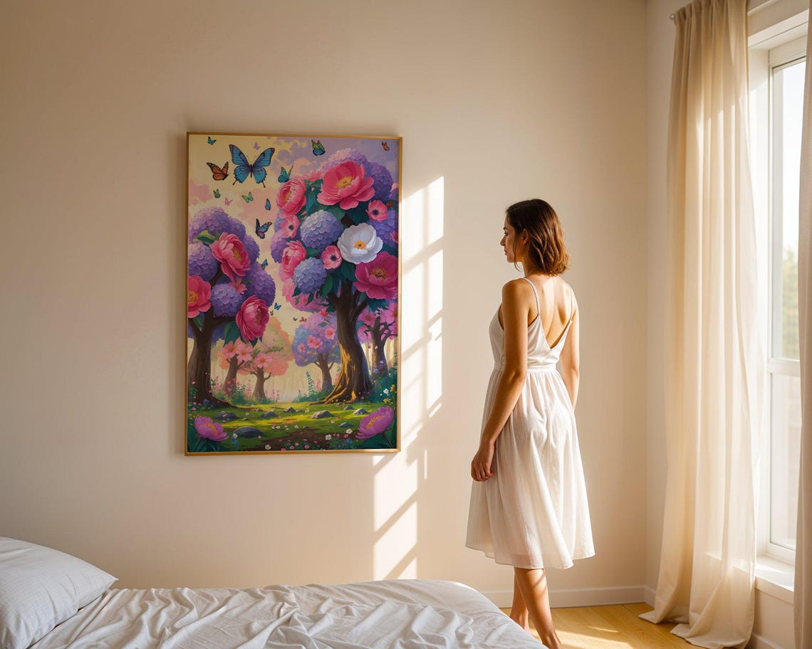 Enchanted Garden Wall Art Fairy Tale Forest Print Colorful Flower Trees Painting Whimsical Nature Decor Magical Butterfly Artwork - Image 4