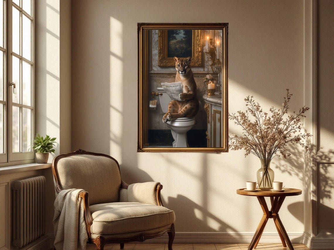 Regal Puma Reading the Newspaper in an Opulent Vintage Bathroom Poster - Image 4