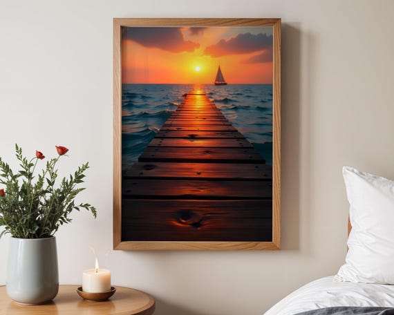 Serene Sunset Sailboat Wall Art Wooden Pier Ocean Print Coastal Living Room Decor Nautical Seascape Tranquil Beach Print