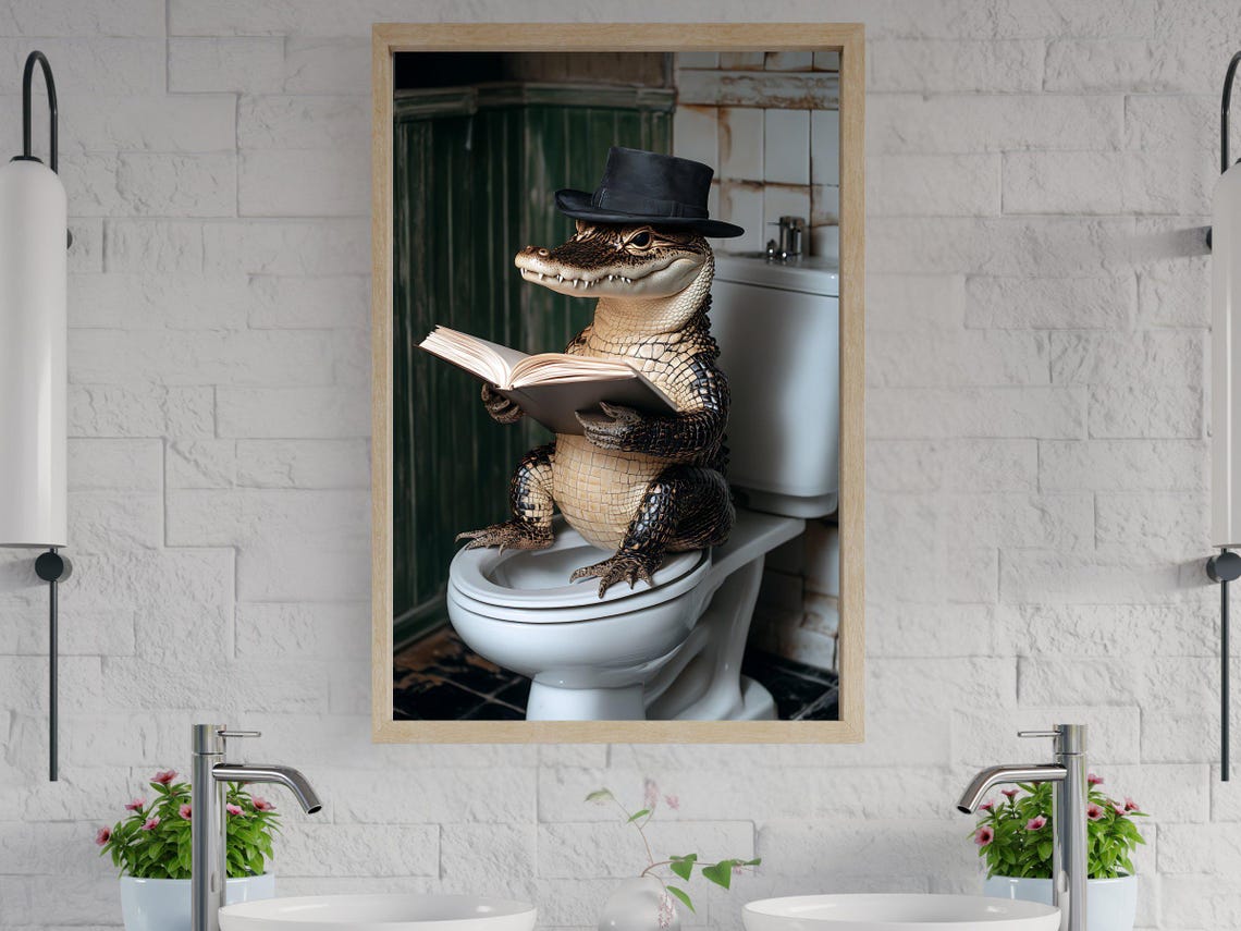Alligator Wearing a Top Hat Reading a Book on the Toilet Poster