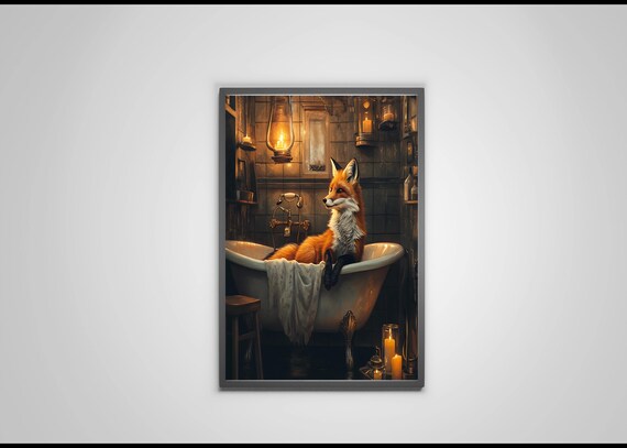 Fox Relaxing In Lantern Lit Vintage Bathtub Animal Art Poster