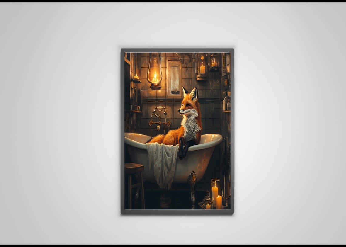 Fox Relaxing In Lantern Lit Vintage Bathtub Animal Art Poster