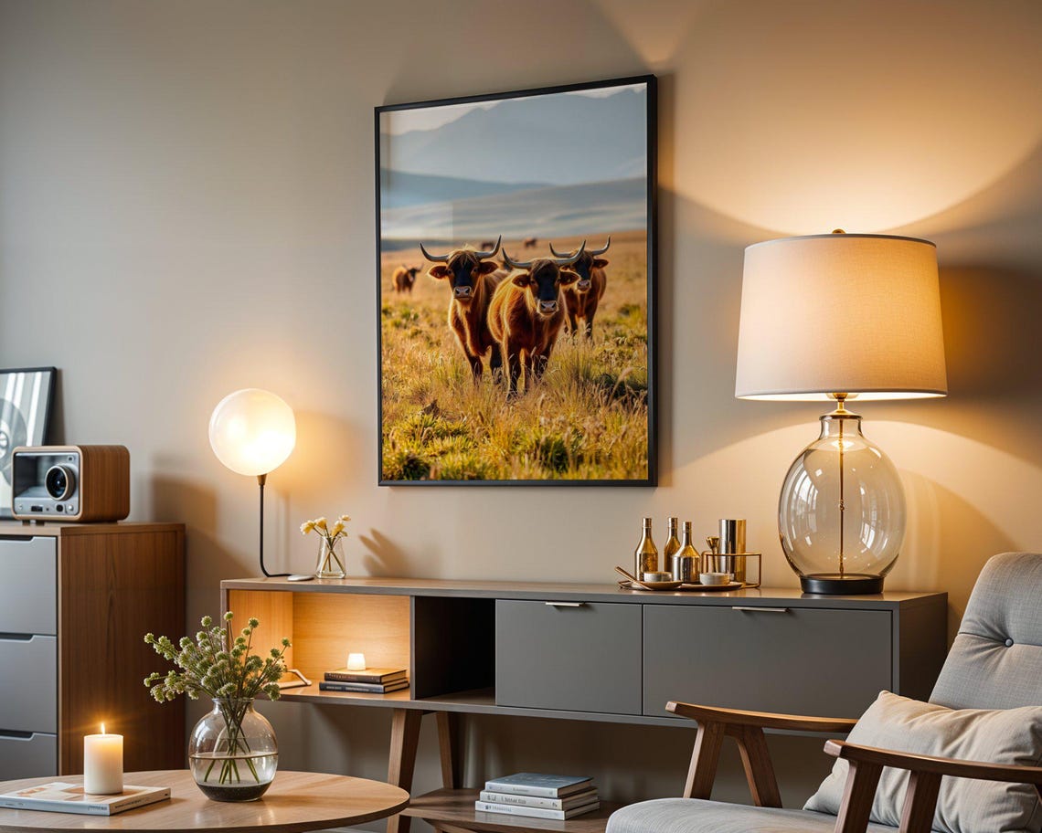 Highland Cattle Herd With Long Horns in Golden Meadow Poster - Image 5