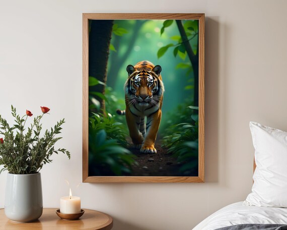Powerful Tiger Walking Toward You on a Misty Jungle Path Poster